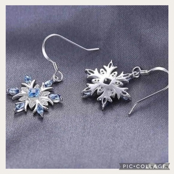NEW Blue Topaz Dangle 925 Sterling Silver Snowflake Earrings - Picture 6 of 8
